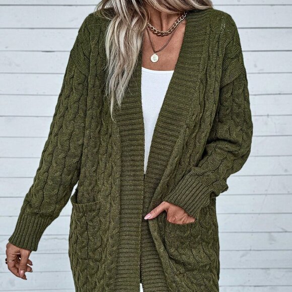 Army Green Casual Women's Solid Color Cable Knit V-Neck Cardigan - Picture 4 of 6